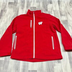 ✅Mens L 58 Sports Wisconsin Badgers Jacket Red Full-Zip Pockets Softshell *STAIN